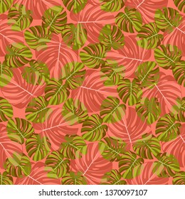 Seamless pattern of green and red-orange tropical leaves of Monstera, on a coral background. Great for decorating fabrics, textiles, gift wrapping design, any printed materials, advertising.
