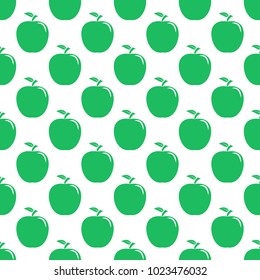 Seamless pattern from green ripe apples with a leaf on a white background. Design for textiles, banners, posters, labels. Vector illustration.