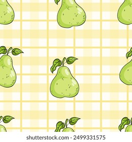 Patrón sin fisuras con frutos de pera maduros verdes con hojas sobre fondo a cuadros amarillos. Ilustración vectorial