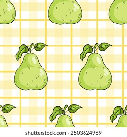 Seamless pattern with green ripe pear fruits on yellow white checkered background. Vector illustration
