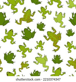 Seamless pattern with green river frogs. Colored vector background on white.