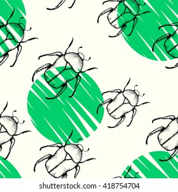 Seamless pattern with green rose beetles and green circles oh the light background. 