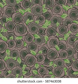 Seamless pattern with green rose flowers, vector floral illustration in vintage style.