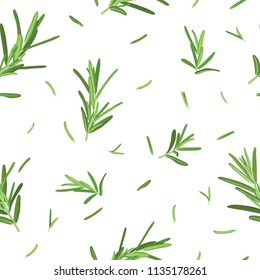 Seamless pattern of green rosemary leaves on white background template. Vector set of element for advertising, packaging design of condiment products.