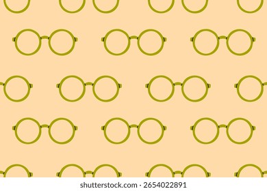 Padrão contínuo de óculos verdes redondos em fundo bege, adequado para vintage, óptico ou visuais relacionados à leitura