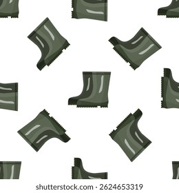 Seamless pattern with green rubber boots for gardening or fishing on a white background