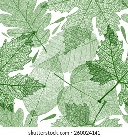 Seamless pattern with green sceleton leaves. Vector, EPS 10. 
