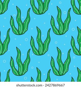 Seamless pattern with green sea corals or algae under water. Vegetation of the oceans or seas. Colorful vector illustration doodle hand drawn. Print for paper or fabric, blue background