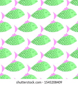 Seamless pattern with green sea fish. Funny cute drawing of a hand. Vector illustration. Gradient scales