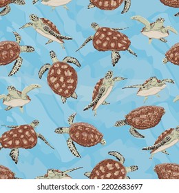 Seamless pattern with Green sea turtle. Green turtle, black turtle or Pacific green turtle and different poses. Realistic vector marine reptile.