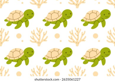 Seamless pattern with green sea turtles and beige coral branches on white background for calm and educational ocean visuals