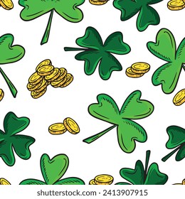 Seamless pattern with green shamrock clover leaves and golden coins money as a symbol of luck and wealth. Vector sketch illustration. Happy Saint Patrick's day. Wrapping paper design, print