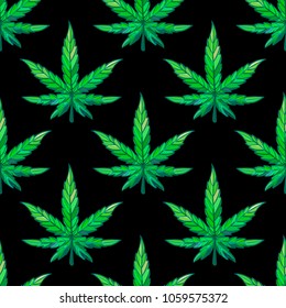 Seamless pattern green sheet of cannabis. Concept design texture for mens fashion. Vector isolated on black background.
