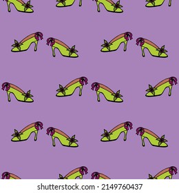 Seamless pattern with green shoes on purple background. Vector image.
