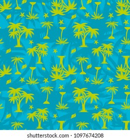 Seamless pattern, green silhouette, palm tree and seashells on a light blue background, vector