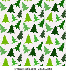 Patrón sin fisuras con siluetas verdes de abetos y pinos sobre fondo blanco. Ilustración vectorial