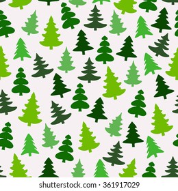 Seamless pattern with green silhouettes of fir-trees and pines on white background. Vector illustration