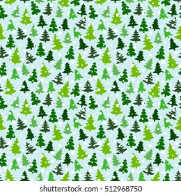 Seamless pattern with green silhouettes of fir-trees and pines. Winter forest background with snowfall. Scrapbook digital paper, textile print, page fill. Vector illustration