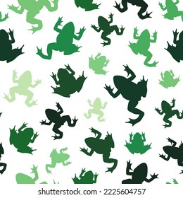 Seamless pattern with green silhouettes of river frogs. Colored vector background on white.