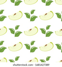 Seamless pattern with green slice apples and leaves on white background. Organic fruit. Cartoon style. Vector illustration for design, web, wrapping paper, fabric, wallpaper.