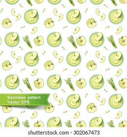 Seamless pattern with green smoothies and vegetable pieces. Slices of apple and spinach on a white background. A healthy diet, vegetarianism and detox. Vector illustration.