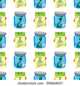 Seamless pattern with a Green snake in a glass jar and a calendar on 17 March.