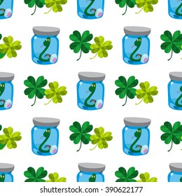 Seamless pattern with an Green snake in a glass jar and four leaf clover.