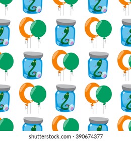 Seamless pattern with a Green snake in a glass jar and a balloons.