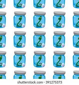 Seamless pattern with an Green snake in a glass jar.