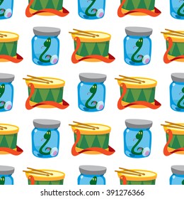 Seamless pattern with a Green snake in a glass jar and a drum.