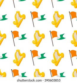 Seamless pattern with a Green snake in an Irish flag and the golden harp.