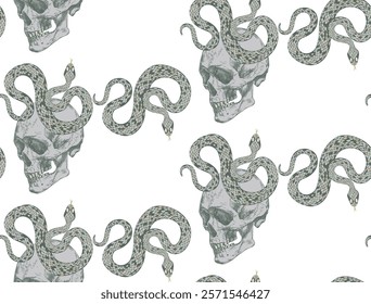 Seamless pattern with green snakes and skulls on a transparent background, creating a unique artistic design