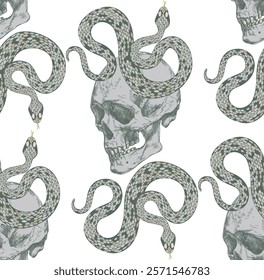 Seamless pattern with green snakes and skulls on a transparent background, creating a unique artistic design