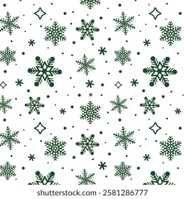 Seamless pattern with green snowflakes on white background.