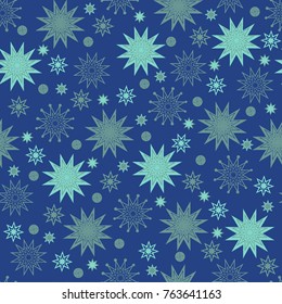 Seamless pattern of green snowflakes on a blue background