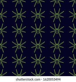 Seamless pattern of green spiders on a dark background. Abstract creative composition. Spiders ornament. Vector illustration for fabric design, print for textile, packaging, scrapbooking, etc.