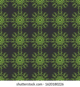 Seamless pattern of green spiders on a dark background. Abstract creative composition. Geometric spiders ornament. Vector illustration for fabric design, textile print, packaging, scrapbooking, etc.