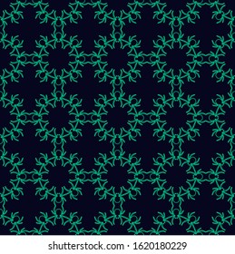 Seamless pattern of green spiders on a dark background. Abstract creative composition.Geometric spiders ornament. Vector illustration for fabric design, textile print, packaging, scrapbooking, etc.
