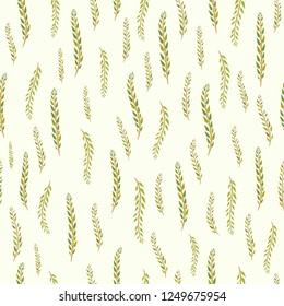 Seamless pattern with green spring branches on a cool beige background. Pastel print for fabric,wrapping paper,greeting cards,wedding invitations,wallpaper, planner,mugs,background for your design