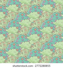 Seamless pattern with green spring leaves and flowers. Hand drawn vector illustration