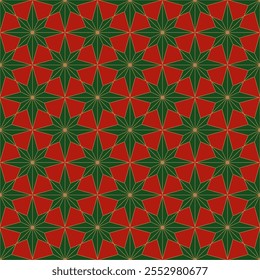 Seamless pattern with green star on a red background. New year background.