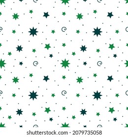 Seamless pattern with green stars and dots on a white background