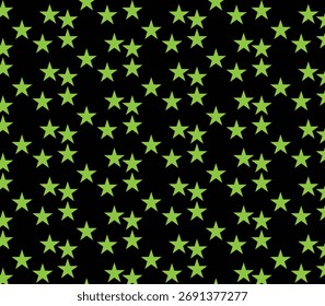 Padrão contínuo com estrelas verdes em um plano de fundo preto. Perfeito para designs modernos, papéis de parede, tecidos, papel de embrulho, fundos digitais e decorações de festa.
