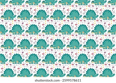 Seamless pattern of green stegosaurus dinosaurs with plants and flowers. Great for kids' products.