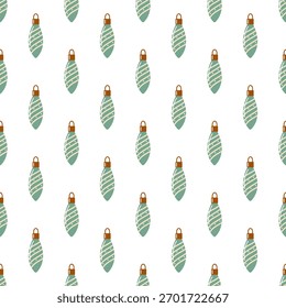 Seamless pattern with green striped baubles. Vector festive holiday background. 