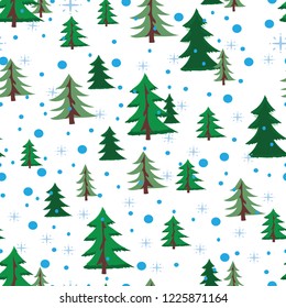 Seamless pattern of green stylized Christmas trees and snowflakes. The texture of the plant tissue, wrap, covers, of paper. Decorative pattern background
