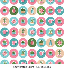 Seamless pattern with green succulents and cactus in circles, pastel ceramic pots. Wrapping paper with houseplants for decoration. Vector flat illustration
