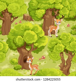 Seamless pattern with green summer forest with cute cartoon spotted fallow deers and  fly agarics