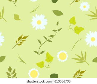 Seamless pattern with green summer leaves and chamomile