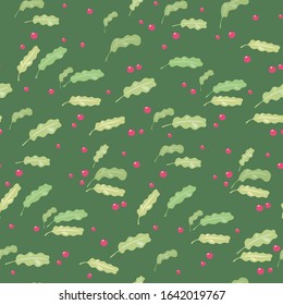 Seamless pattern of green summer oak leaves and bright red berries on a dark green background.